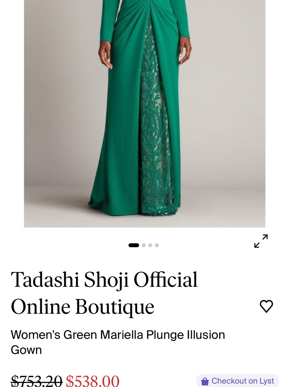 Tadashi Shoji Green Long-Sleeve Plunge Gown with Lace Inset